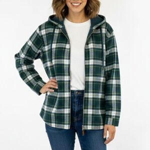 L.L. Bean Women's Navy Green Plaid Flannel Zip Front Hooded Jacket Size LP